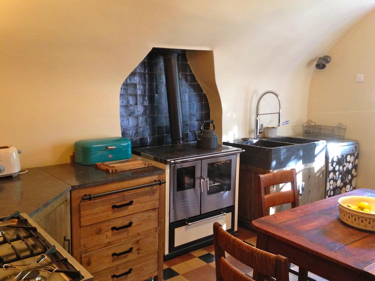 Kitchen with wood-burning stove