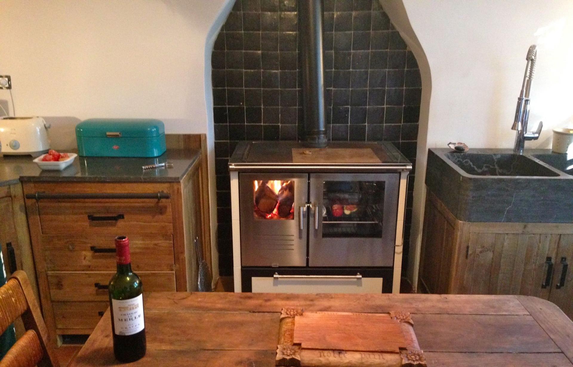 kitchen with wood stove